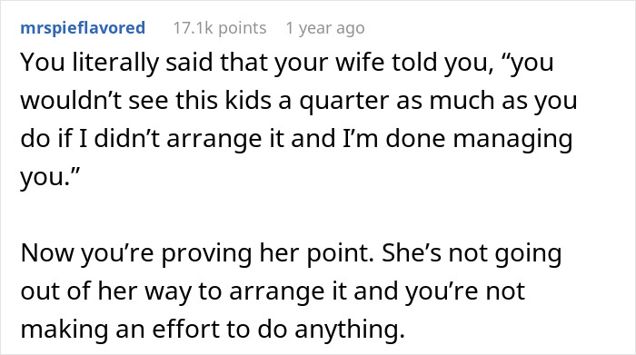 Text post discussing a husband’s comment and wife proving him wrong about managing family arrangements.