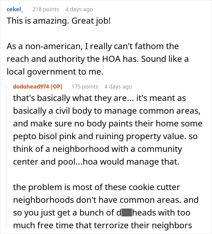 Reddit comments discussing how an HOA acts like a local government managing community areas and property values.