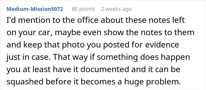 Comment on dodgy neighbor attempting to trick woman into giving up parking spot using anonymous notes with advice to document evidence. Comment on dodgy neighbor attempting to trick woman into giving up parking spot using anonymous notes with advice to document evidence.
