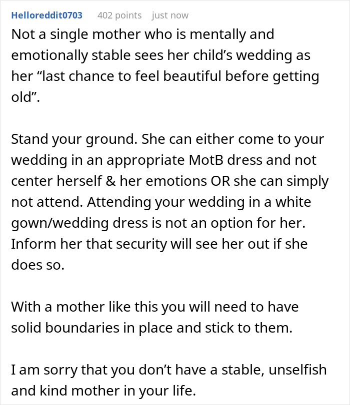 Alt text: Text discussing bride's mom wanting to wear a white gown to the wedding and setting boundaries for the event. Alt text: Text discussing bride's mom wanting to wear a white gown to the wedding and setting boundaries for the event.