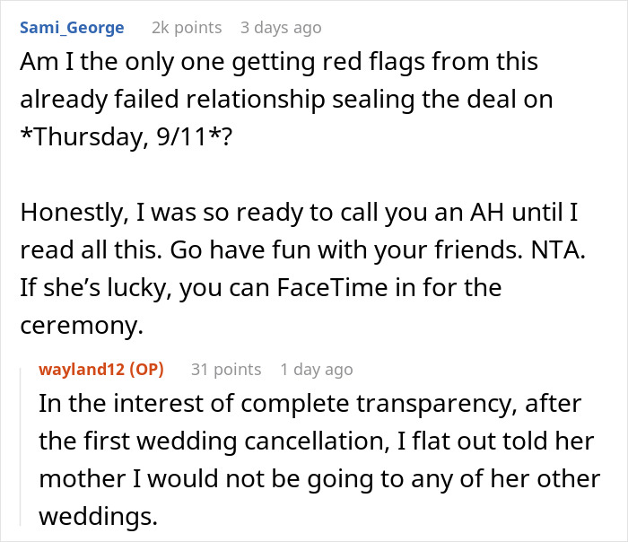 Screenshot of a discussion about a man spending $22,500 on daughter's failed wedding and skipping the real one to hang out with friends. Screenshot of a discussion about a man spending $22,500 on daughter's failed wedding and skipping the real one to hang out with friends.