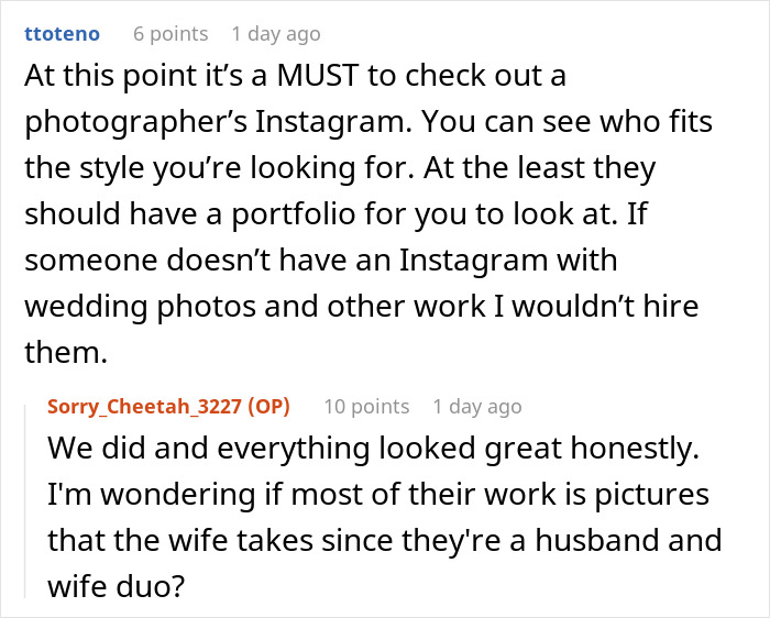Comments discussing checking a wedding photographer’s Instagram portfolio before hiring to ensure quality work. Comments discussing checking a wedding photographer’s Instagram portfolio before hiring to ensure quality work.