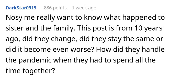 Reddit comment expressing curiosity about the sister’s family and effects of lazy parenting on kids over time.