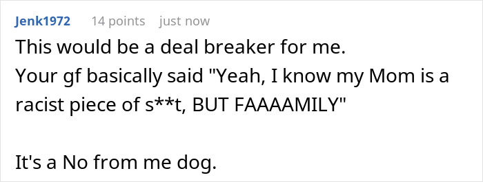 Screenshot of a social media comment discussing a racist mom insulting her daughter’s girlfriend’s Black parents. Screenshot of a social media comment discussing a racist mom insulting her daughter’s girlfriend’s Black parents.