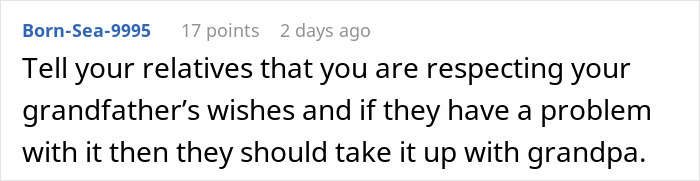 Comment text about respecting grandfather's wishes amid family disputes over care responsibilities and entitlement. Comment text about respecting grandfather's wishes amid family disputes over care responsibilities and entitlement.