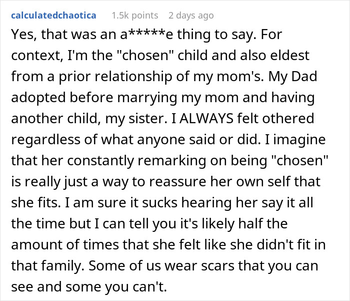 Reddit user discusses adopted sister's longstanding chosen one joke backfiring after brother reveals bio dad never chose her. Reddit user discusses adopted sister's longstanding chosen one joke backfiring after brother reveals bio dad never chose her.