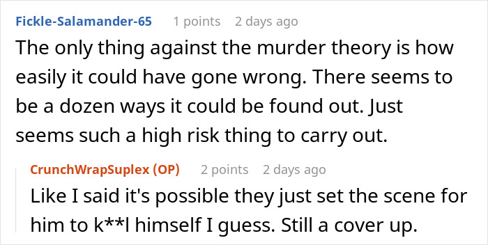 Screenshot of an online discussion about Epstein’s death, with a user doubting the official story based on prison officer experience.