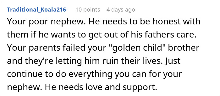 Comment discussing concern for nephew’s safety and need for support amid controlling brother and family issues. Comment discussing concern for nephew’s safety and need for support amid controlling brother and family issues.