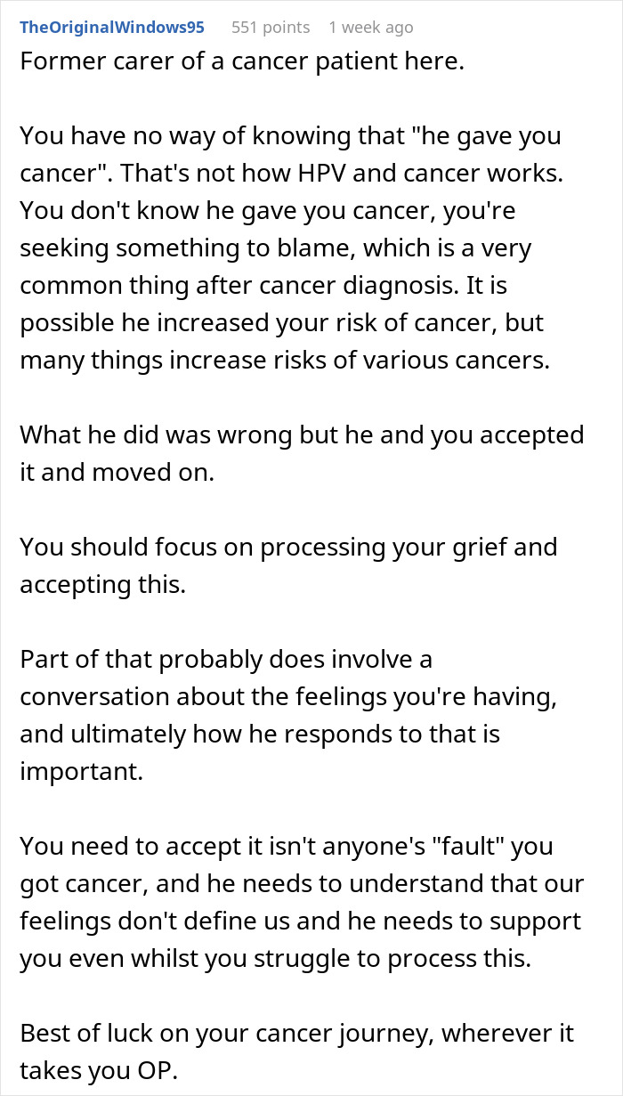 Comment explaining cancer risks and emotional processing in a woman’s relationship affected by HPV and cancer diagnosis. Comment explaining cancer risks and emotional processing in a woman’s relationship affected by HPV and cancer diagnosis.