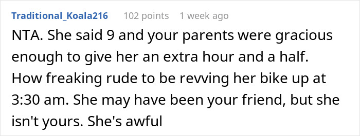 Screenshot of a social media comment discussing a teen showing up at her best friend’s door early and causing conflict. Screenshot of a social media comment discussing a teen showing up at her best friend’s door early and causing conflict.