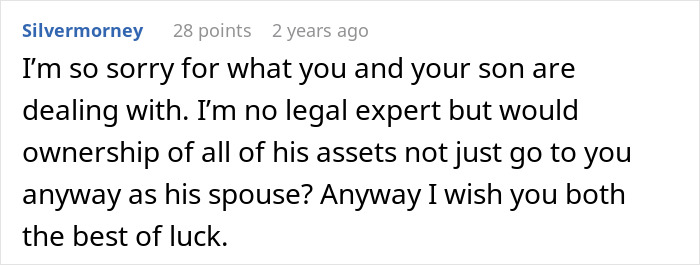 Screenshot of an online comment expressing sympathy for a woman shocked by her mother-in-law's hatred after losing her husband. Screenshot of an online comment expressing sympathy for a woman shocked by her mother-in-law's hatred after losing her husband.