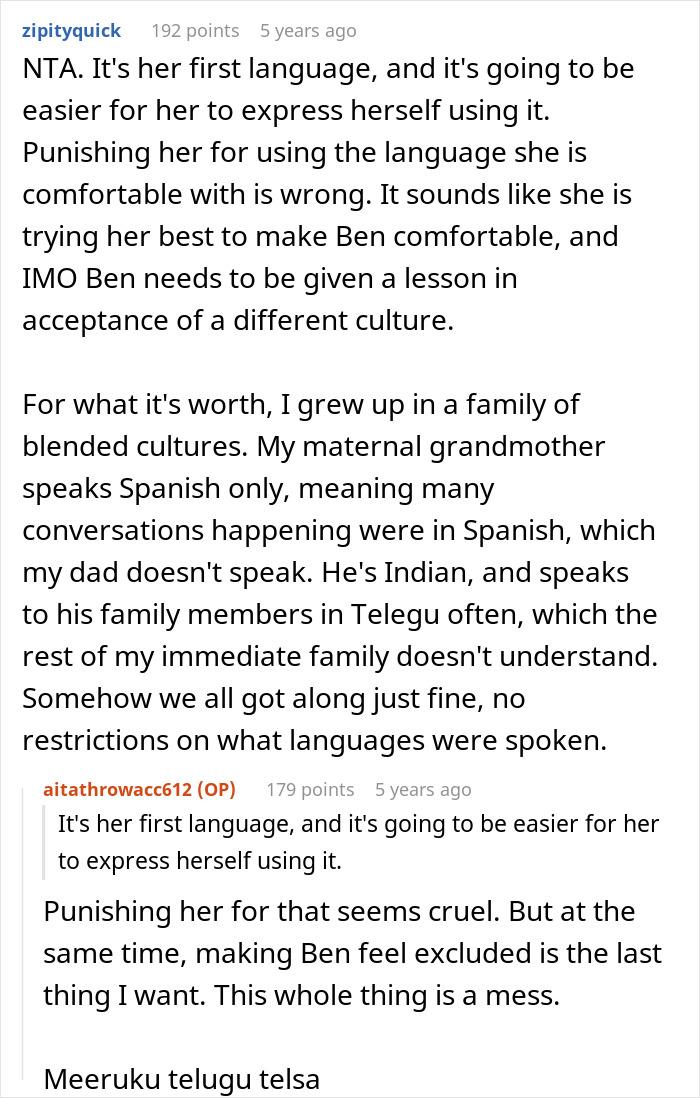 Reddit discussion about stepdad suggesting punishment for kid using native language her son cannot understand. Reddit discussion about stepdad suggesting punishment for kid using native language her son cannot understand.
