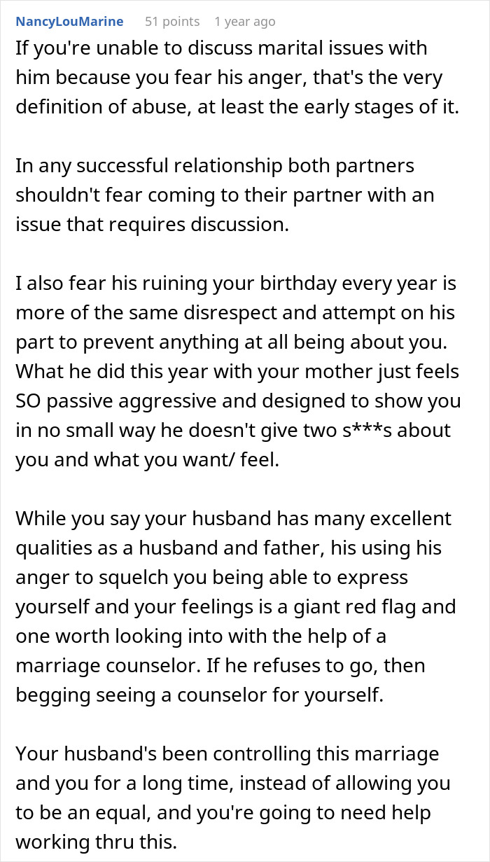 Comment discussing marital issues and therapy after a husband's controlling birthday surprise causes years of marriage problems. Comment discussing marital issues and therapy after a husband's controlling birthday surprise causes years of marriage problems.