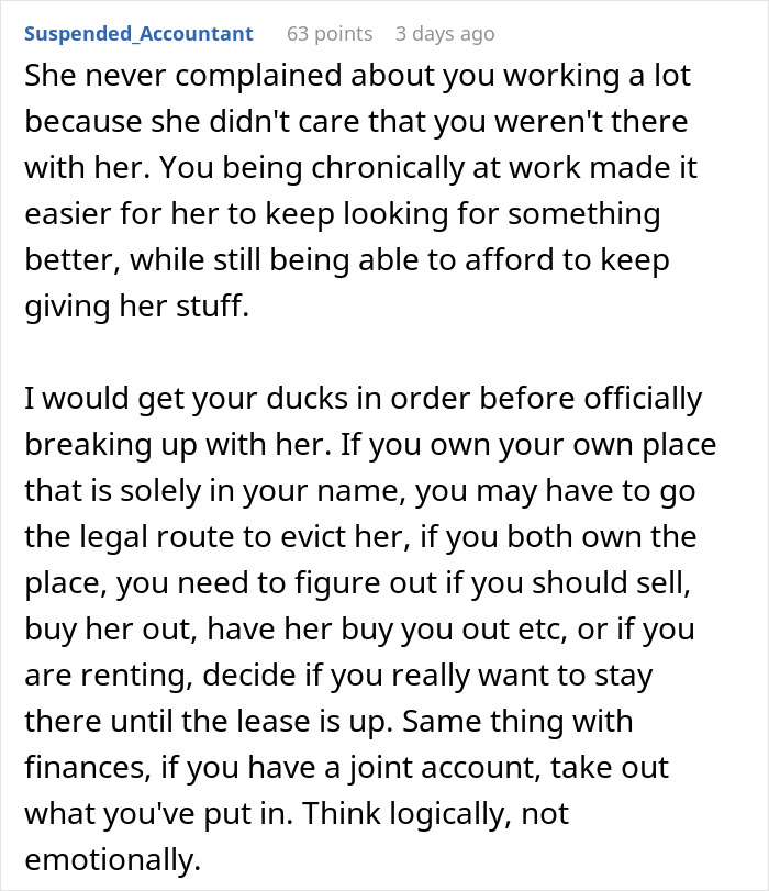 Reddit comment advising a man to handle finances and property logically after a breakup with a girlfriend wanting a rich husband.