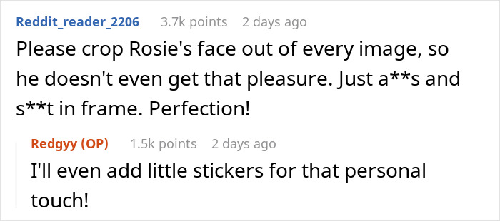 Reddit comments discussing a breakup where a woman retains dog and sends poop photos to ex who demands updates. Reddit comments discussing a breakup where a woman retains dog and sends poop photos to ex who demands updates.