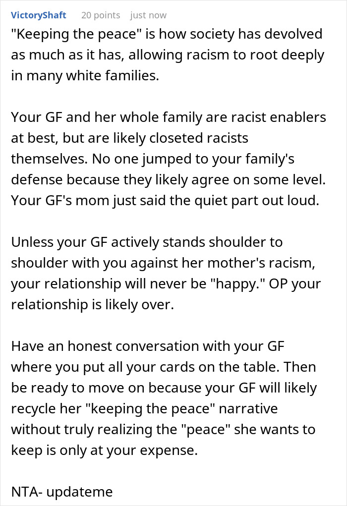 Text post discussing racism and relationship conflict after racist insults from a mom toward girlfriend’s Black parents at dinner. Text post discussing racism and relationship conflict after racist insults from a mom toward girlfriend’s Black parents at dinner.