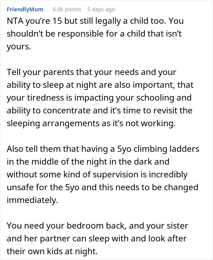 Comment discussing teen removing bunk bed ladder to block clingy niece and related family and school issues.