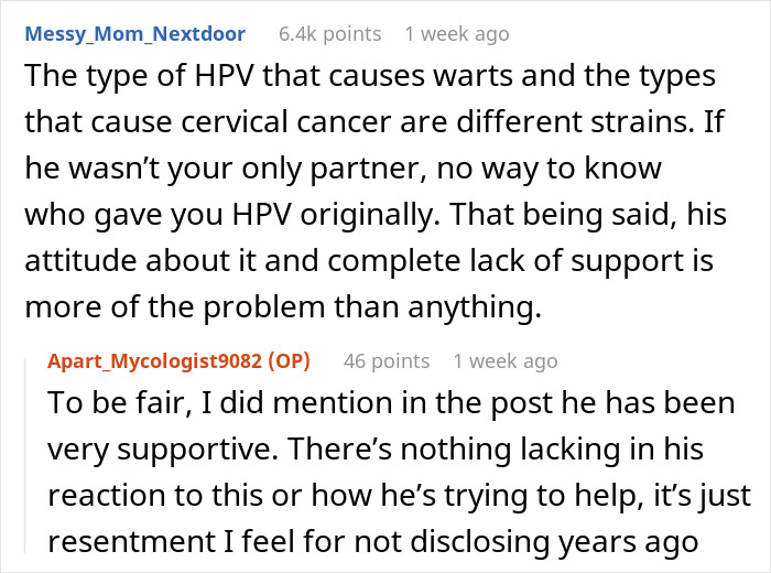 Conversation about HPV strains, cancer risks, and a woman's resentment toward her healthy boyfriend with past HPV. Conversation about HPV strains, cancer risks, and a woman's resentment toward her healthy boyfriend with past HPV.