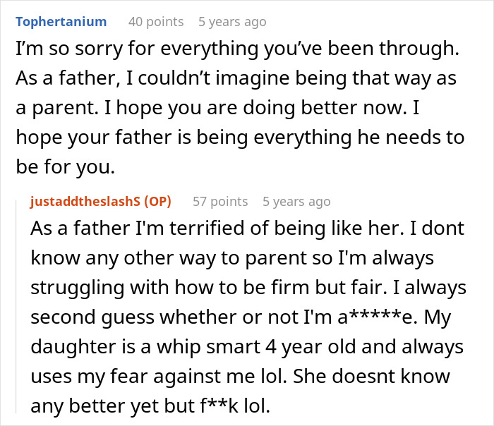 Reddit comments showing a father’s struggle with parenting and fears of repeating his mother’s mistakes. Reddit comments showing a father’s struggle with parenting and fears of repeating his mother’s mistakes.