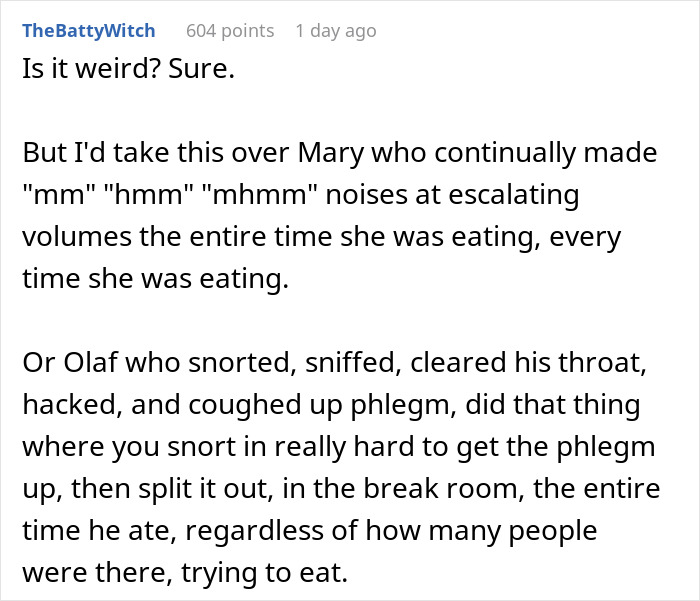 Commenter discusses bizarre lunchtime ritual and office worker confrontation over excessive eating noises and disruptive behavior.