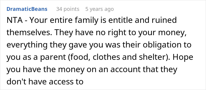 Comment text on a forum about a woman refusing to hand over her entire savings to parents claiming it’s rightfully theirs. Comment text on a forum about a woman refusing to hand over her entire savings to parents claiming it’s rightfully theirs.
