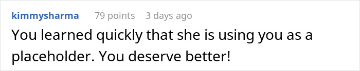 Comment from user kimmysarma about heartbreak in man’s dream proposal, mentioning being used as a placeholder and deserving better.