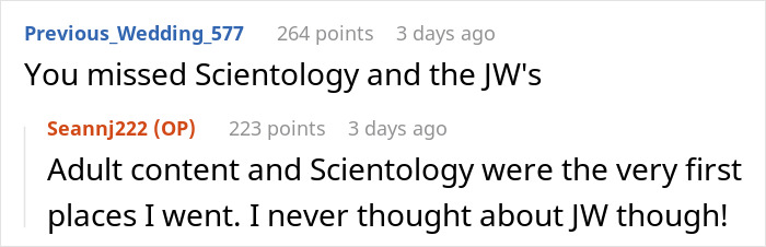 Reddit comment thread discussing Scientology and JW's, featuring a user’s opinion on adult content and religion. Reddit comment thread discussing Scientology and JW's, featuring a user’s opinion on adult content and religion.