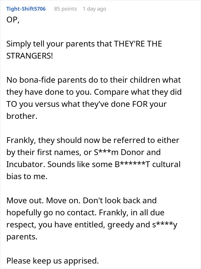 Comment advising to confront parents forcing pay expensive rent, suggesting moving out and cutting contact due to entitlement. Comment advising to confront parents forcing pay expensive rent, suggesting moving out and cutting contact due to entitlement.