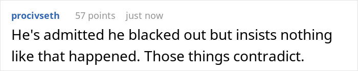 Text post on social media about a surprise pregnancy claim after husband's boys’ weekend, with 57 points. Text post on social media about a surprise pregnancy claim after husband's boys’ weekend, with 57 points.