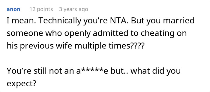 Screenshot of a Reddit comment discussing a man promising a quiet life with two kids but adding a stepdaughter. Screenshot of a Reddit comment discussing a man promising a quiet life with two kids but adding a stepdaughter.