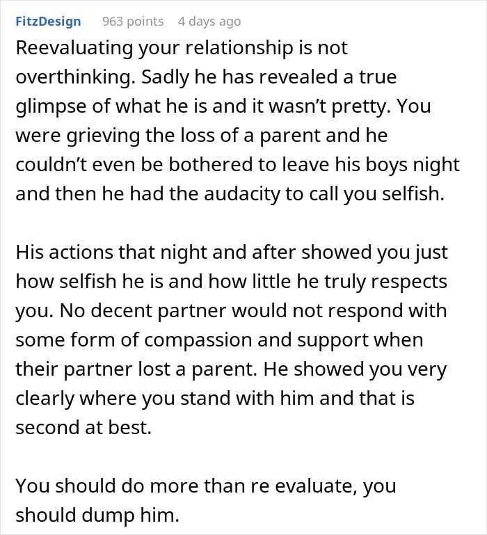 Alt text: Woman faces heartbreak and relationship reevaluation after her mother’s death reveals boyfriend’s true character.