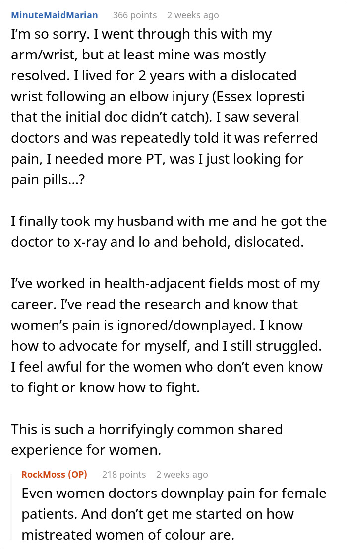 Comment text about chronic pain dismissal and doctors believing it only when the husband advocates for the woman. Comment text about chronic pain dismissal and doctors believing it only when the husband advocates for the woman.
