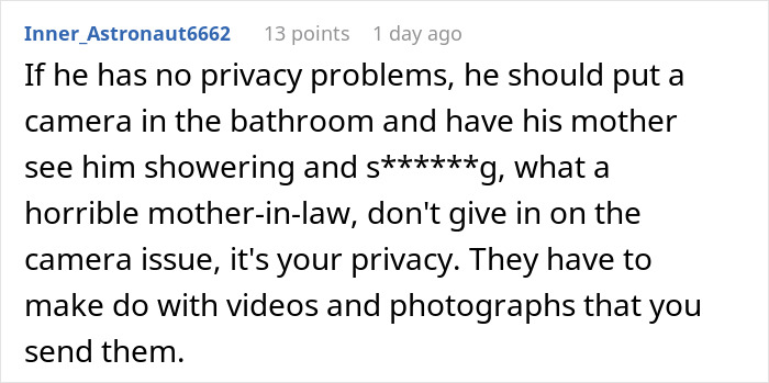 Reddit comment discussing privacy issues with a mother-in-law spying via baby cam and the need to protect personal privacy. Reddit comment discussing privacy issues with a mother-in-law spying via baby cam and the need to protect personal privacy.