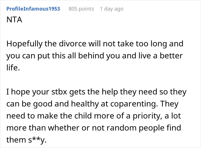 Comment discussing hopes for divorce resolution and co-parenting support amid in-laws' weight-related assumptions Comment discussing hopes for divorce resolution and co-parenting support amid in-laws' weight-related assumptions