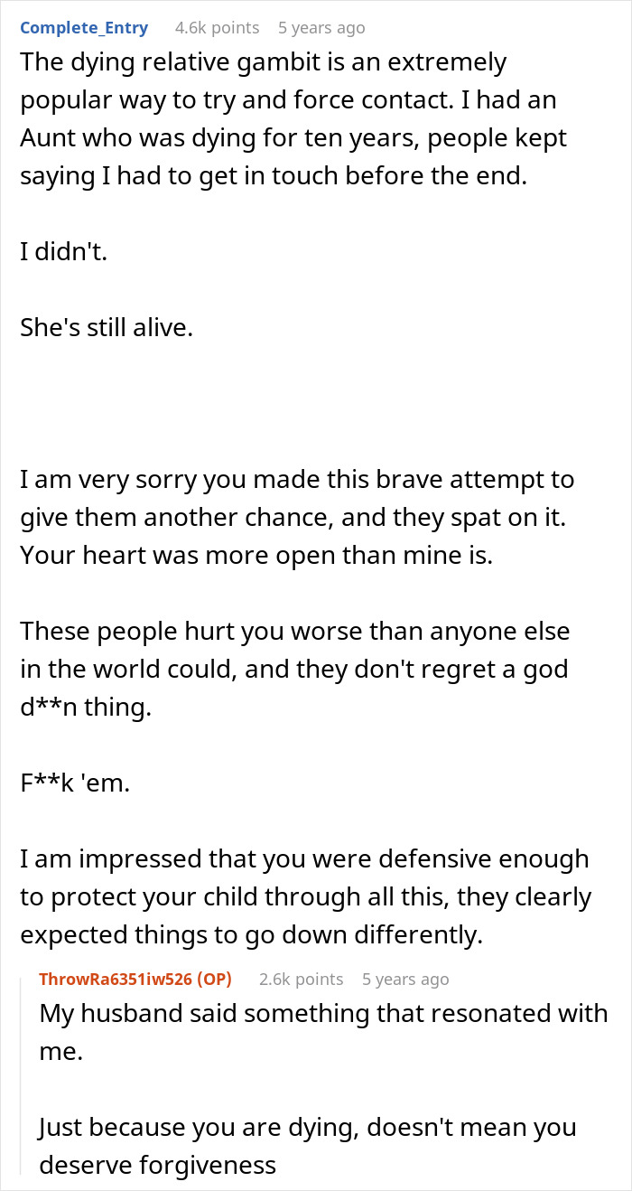 Comment thread discussing estranged dad with cancer trying to reconnect with daughter after disowning her for pregnancy. Comment thread discussing estranged dad with cancer trying to reconnect with daughter after disowning her for pregnancy.