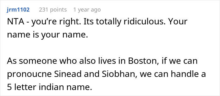 Screenshot of a Reddit comment defending an Indian guy refusing to change his name for a US client, highlighting name respect.