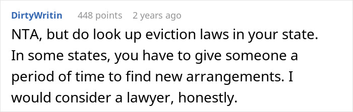 Screenshot of a forum comment advising to check eviction laws and consider a lawyer in a fiance destitute relationship situation. Screenshot of a forum comment advising to check eviction laws and consider a lawyer in a fiance destitute relationship situation.