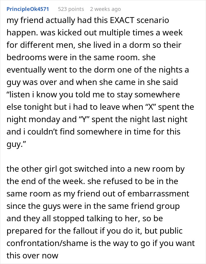 Text post describing a roommate expects leaving to sleep with guys, causing roommate conflicts and social fallout. Text post describing a roommate expects leaving to sleep with guys, causing roommate conflicts and social fallout.
