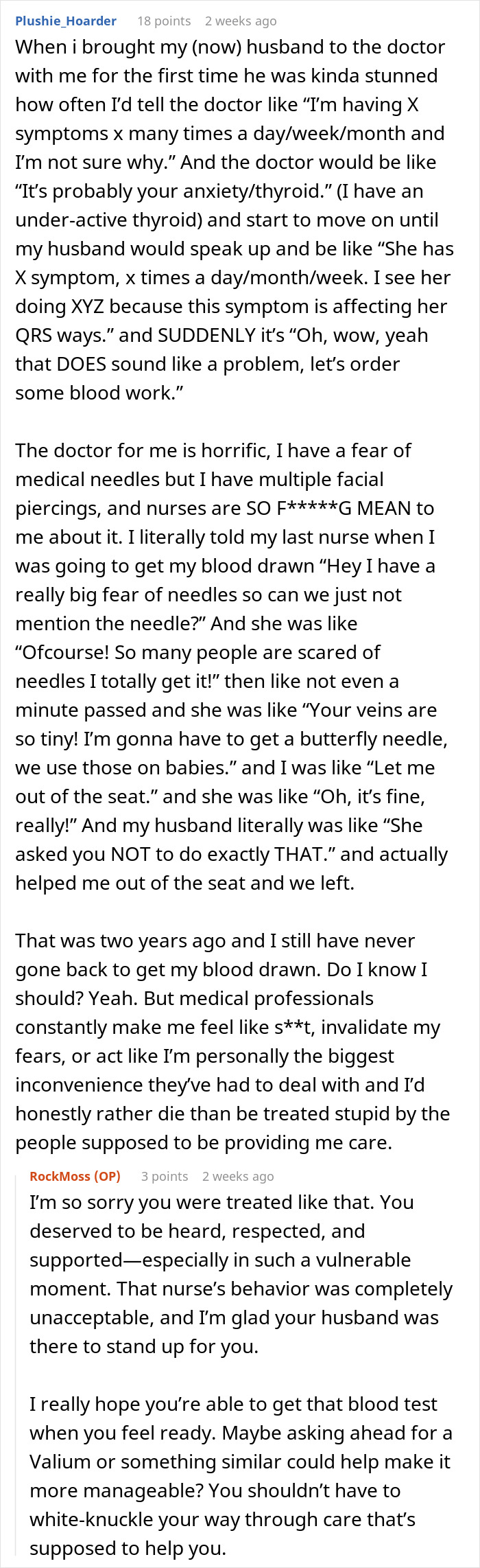 Text conversation showing a woman describing chronic pain dismissal by doctors until her husband advocates for her symptoms. Text conversation showing a woman describing chronic pain dismissal by doctors until her husband advocates for her symptoms.