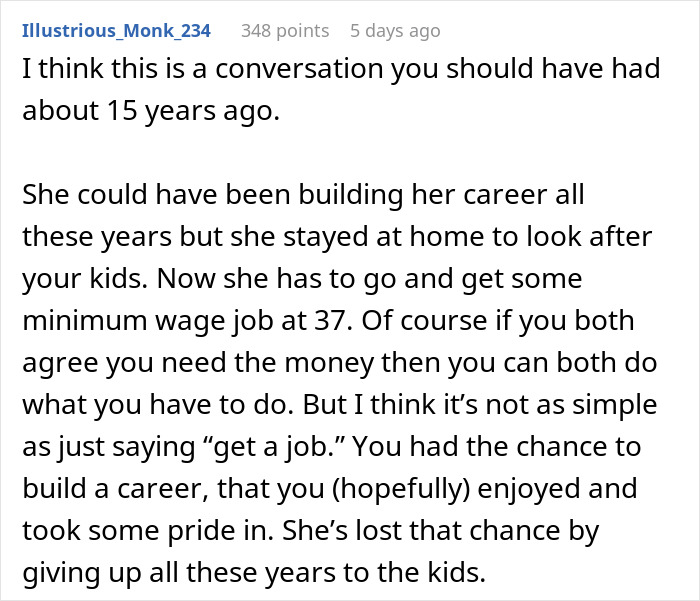 Comment discussing challenges a stay-at-home mom faces finding a job after years without a career. Comment discussing challenges a stay-at-home mom faces finding a job after years without a career.