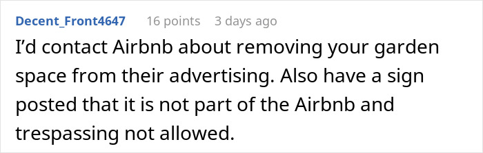 Comment about neighbor refusing tourists patio access and Airbnb host claiming discrimination over shared space use. Comment about neighbor refusing tourists patio access and Airbnb host claiming discrimination over shared space use.
