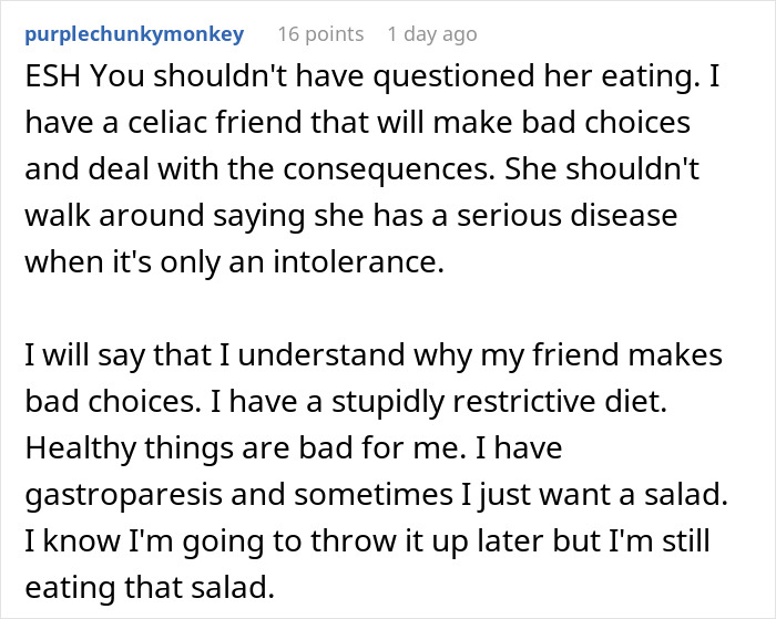 Screenshot of a social media comment discussing a worker calling out a gluten-free colleague at a pizza party.