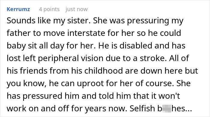 Comment about sibling pressuring disabled father to babysit, showing a reality check on babysitters deserving a living wage. Comment about sibling pressuring disabled father to babysit, showing a reality check on babysitters deserving a living wage.