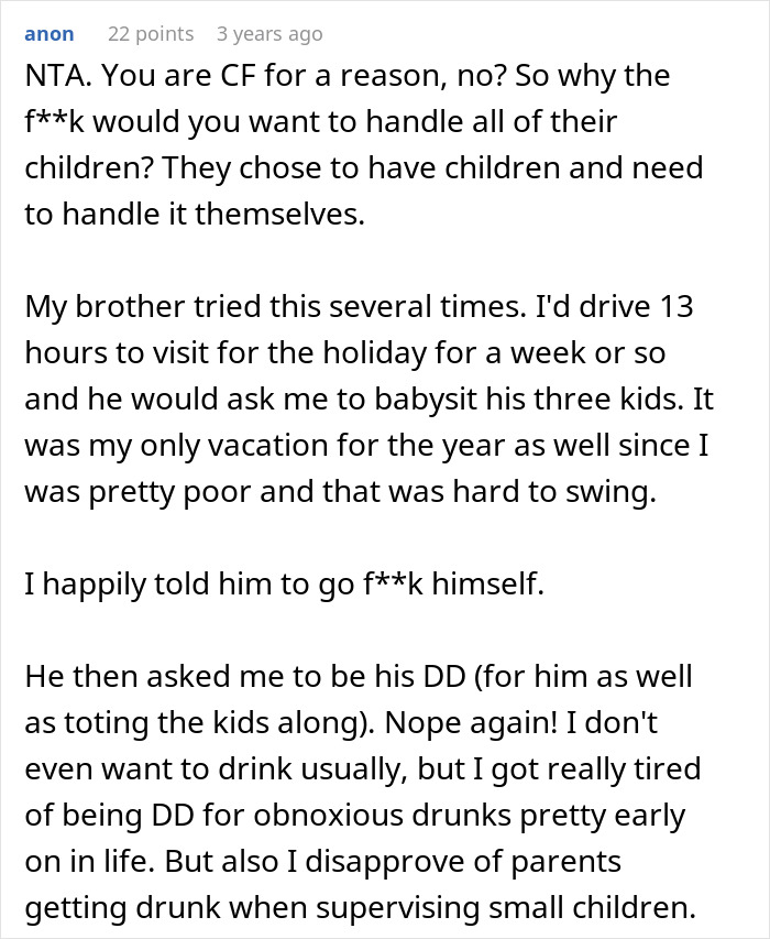 Childfree woman refusing to babysit relatives’ kids, protecting her vacation from daycare duty and family pressures.