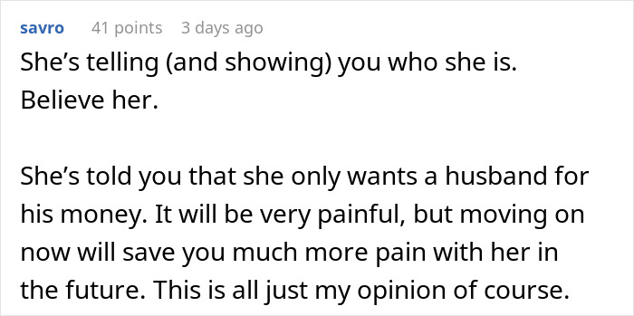 Comment discussing a woman wanting a rich husband over a hardworking partner leading to heartbreak in a dream proposal.