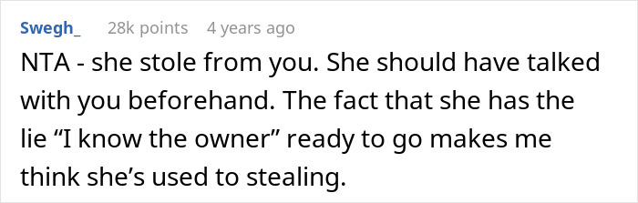 Screenshot of an online comment discussing a thief caught stealing vegetables who claims to know the owner. Screenshot of an online comment discussing a thief caught stealing vegetables who claims to know the owner.