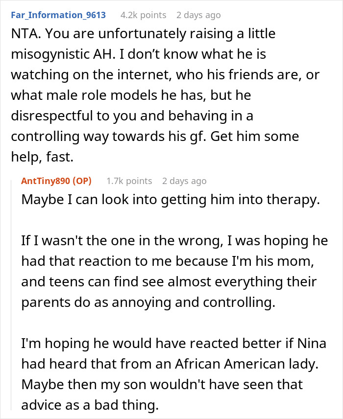 Online forum discussion about a 14-year-old upset with mom for suggesting his Black girlfriend dress more comfortably. Online forum discussion about a 14-year-old upset with mom for suggesting his Black girlfriend dress more comfortably.