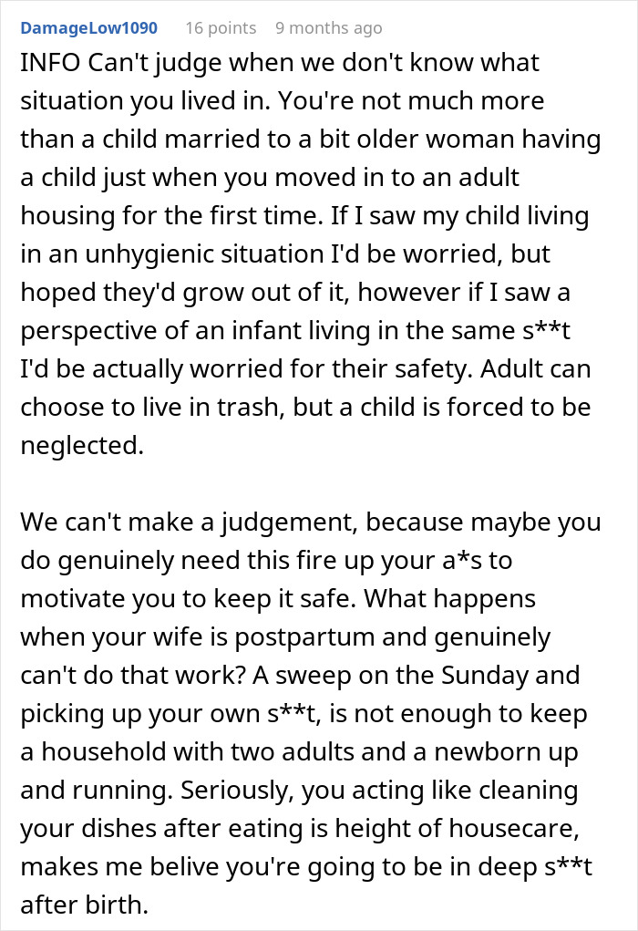 Comment discussing concerns about hygiene and safety related to grandma threatening CPS for unborn baby protection. Comment discussing concerns about hygiene and safety related to grandma threatening CPS for unborn baby protection.