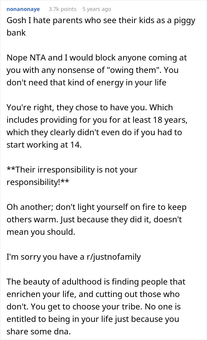 Comment about parents treating kids as piggy banks and woman refusing to hand over her entire savings to parents claiming it's rightfully theirs. Comment about parents treating kids as piggy banks and woman refusing to hand over her entire savings to parents claiming it's rightfully theirs.