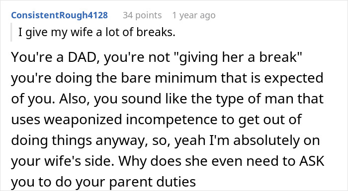 Comment discussing a man telling his wife she couldn’t do it without him and her proving him wrong.